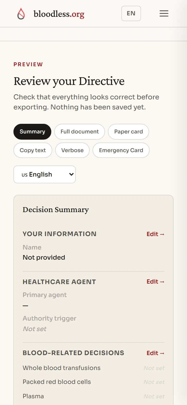 Your completed Directive. This is what your Care Team will see.