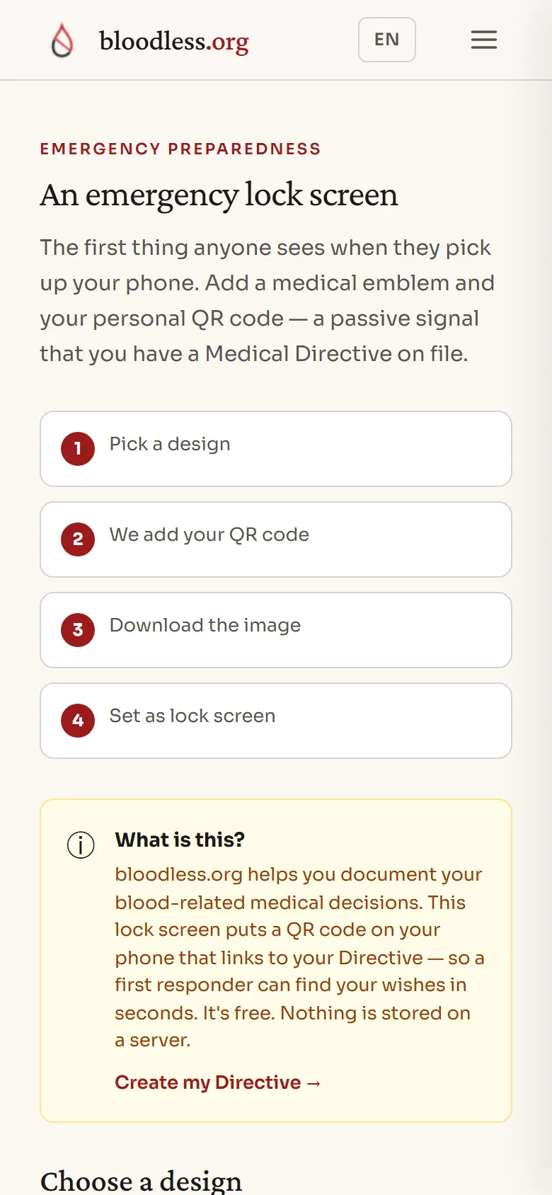 Put your Directive on your phone's lock screen — pick a free template with your name and QR code so responders see it even while your phone is locked. Full customization is a Plus feature, but the essentials are free.