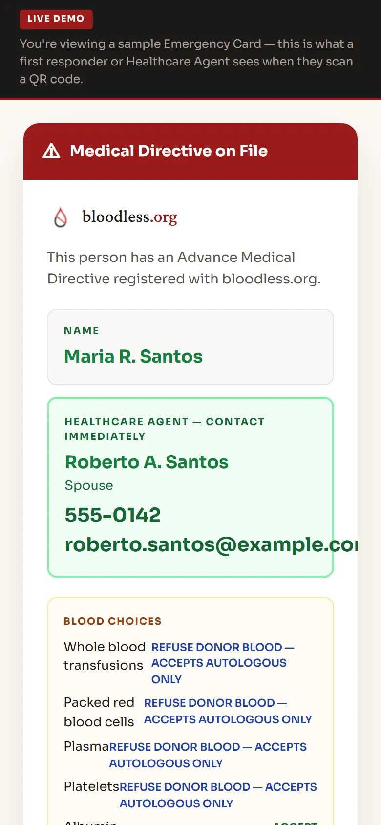This is what happens when someone scans your QR. Your Directive, instantly accessible — the moment it matters most.